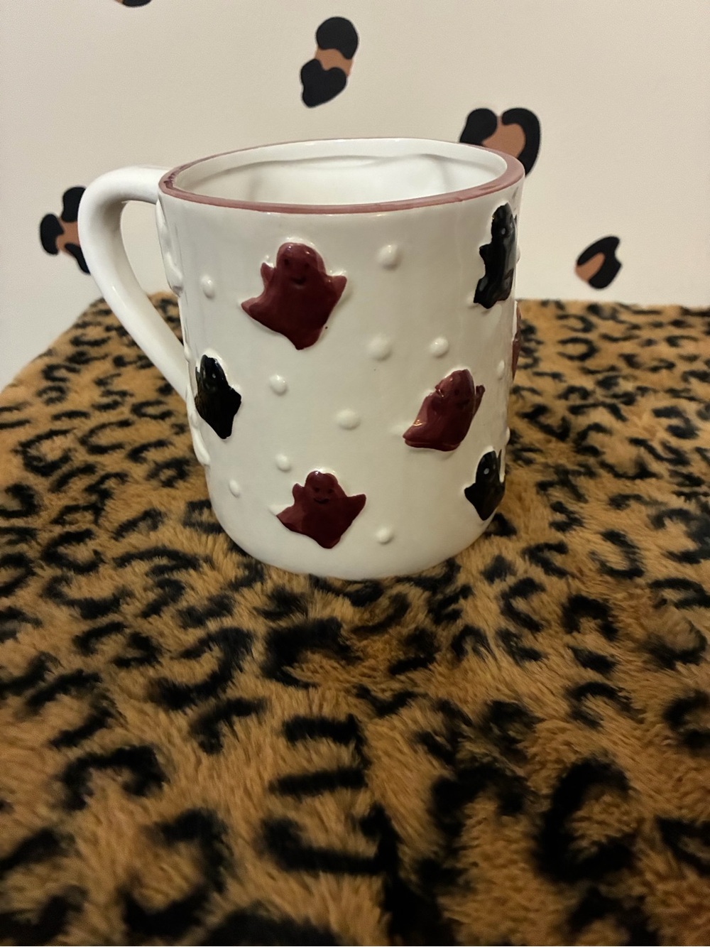 Handmade White Ceramic Mug with Black and Burgundy Ghost Accents - Home Accents